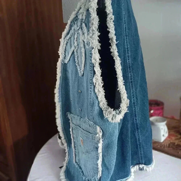Women's Vintage Fringe Denim Carhaart Patchwork Vest With Metal Deco - Picture 7 of 11